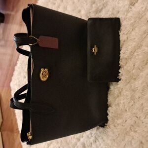 Coach Black Leather Tote with Matching Wallet and Gold Hardware